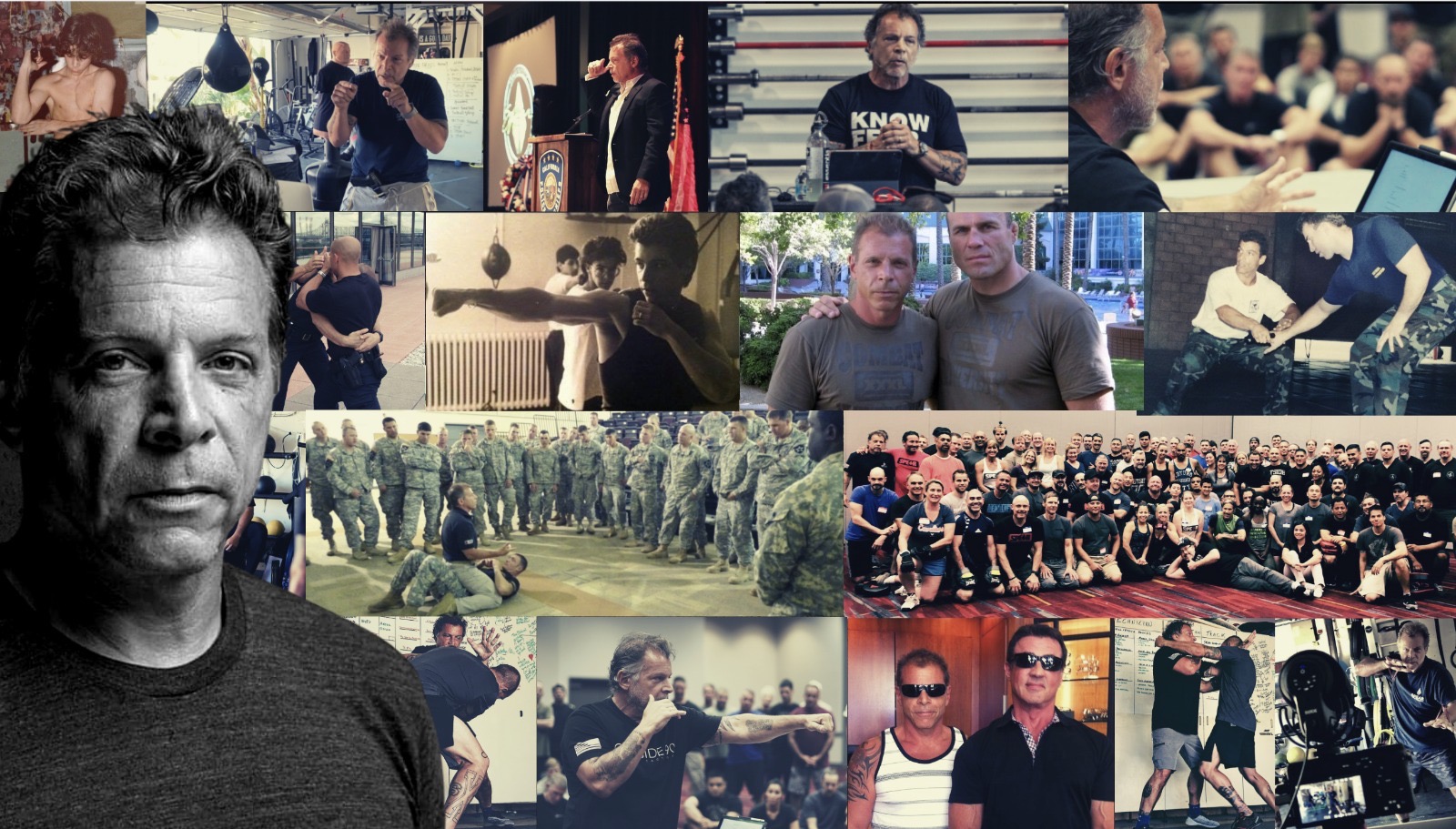 Collage of Tony Blauer coaching military, law enforcement, and civilian students